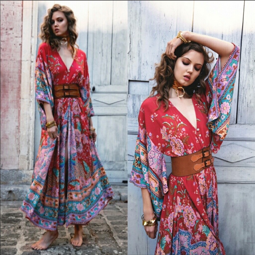 Lotus Kimono Gypsy Gown Dress S peacock boho spell free spirit long maxi red
